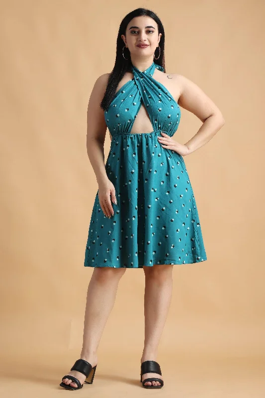 Teal Dots Printed Front Criss Cross Dress