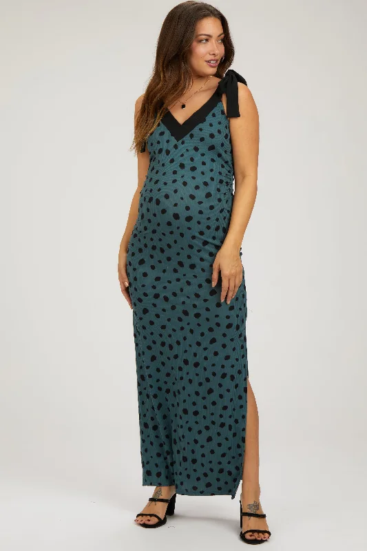 Teal Ribbed Polka Dot Shoulder Tie Maternity Maxi Dress