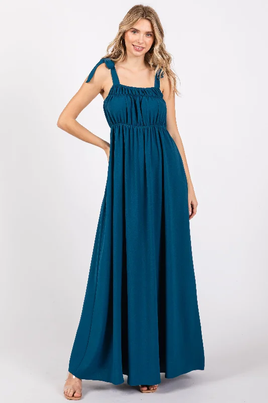 Teal Square Neck Shoulder Tie Maxi Dress