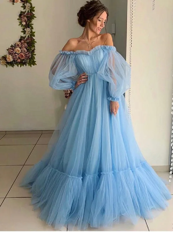 60cm Train Long Sleeve Prom Dress Off Shoulder A-Line Party Maxi Evening Dress