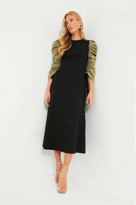 Black Juliet Maxi Dress with Green Printed Sleeves