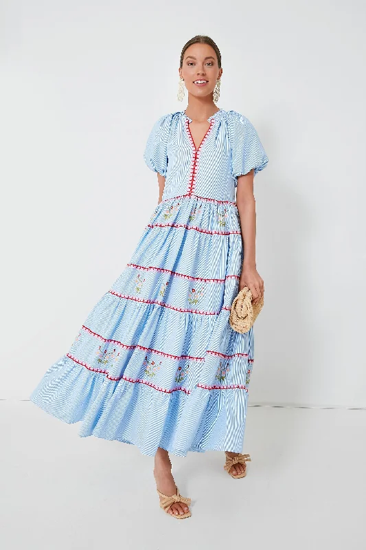 Blue Pinstripe Embroidered V-Neck Lillian Maxi Dress