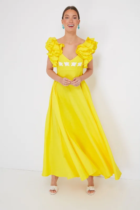 Exclusive Yellow Demre Linen Embroidered Maxi Dress