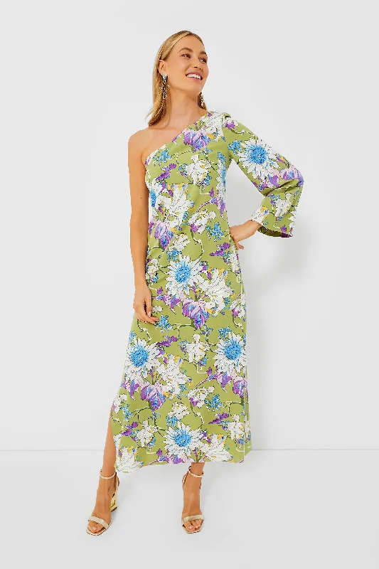 Green Floral One Shoulder Odelia Maxi Dress