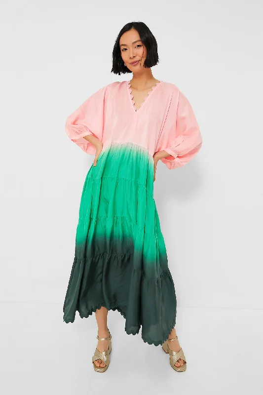 Peach and Emerald Bottle Green Ombre V-Neck Loose Maxi Dress with Ric Rac Trim