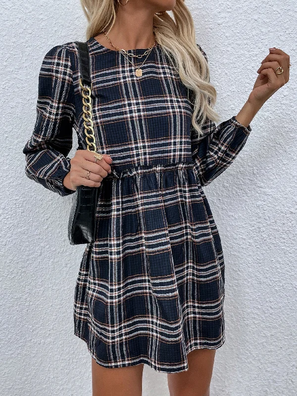 KittenAlarm - Plaid leisure long sleeve waist pleated dress