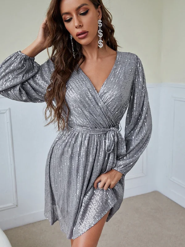 KittenAlarm - Long sleeve sequined short V-neck dress