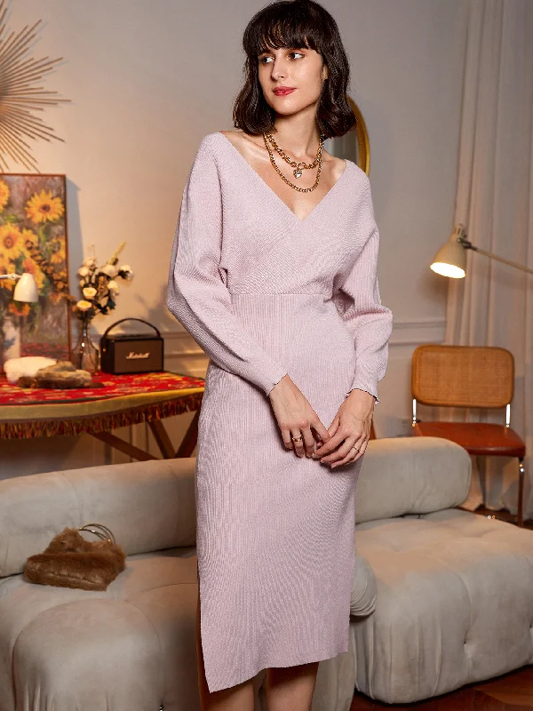 KittenAlarm - Women Backless Long Sleeve Deep V neck Knit Long Dress