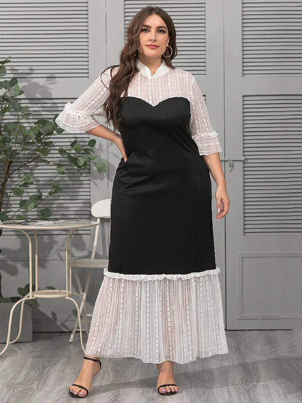 KittenAlarm - Standing collar lace splicing loose lady temperament dress