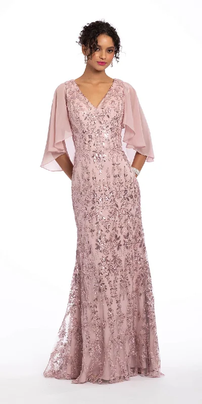 Illusion Sequin Embroidered V Neck Dress Chiffon Flutter Sleeves