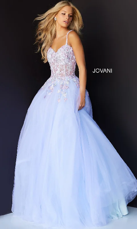 Sheer-Bodice Lilac Jovani Long Prom Ball Gown