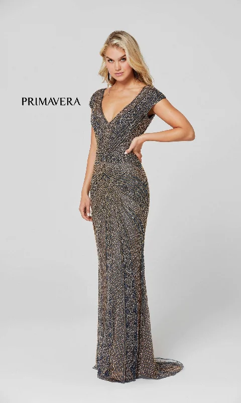 V-Neck Cap Sleeve Beaded Long Formal Gown 3674