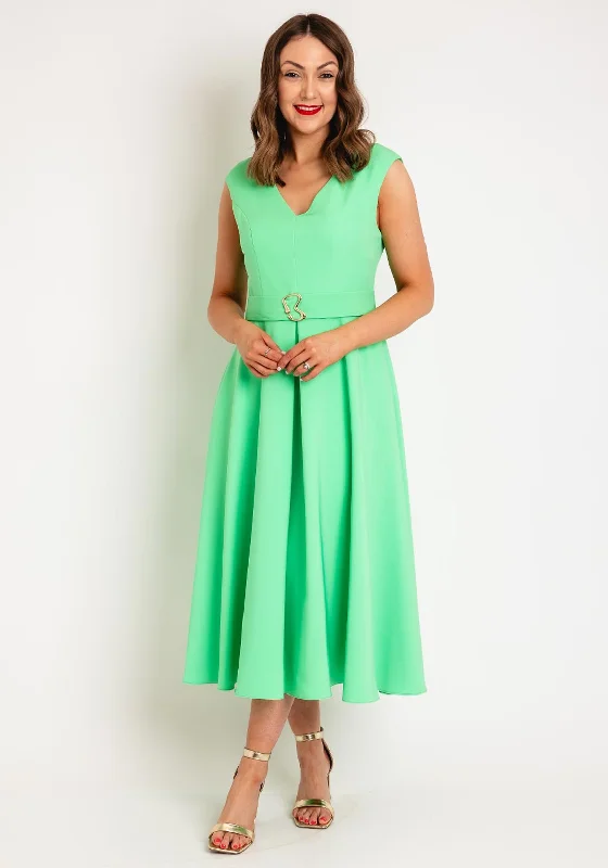 Castings Belted Waist with Gold Brooch Midi A-line Dress, Menta Green