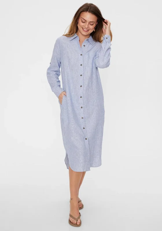 Freequent Lava Striped Linen Midi Shirt Dress, Blue