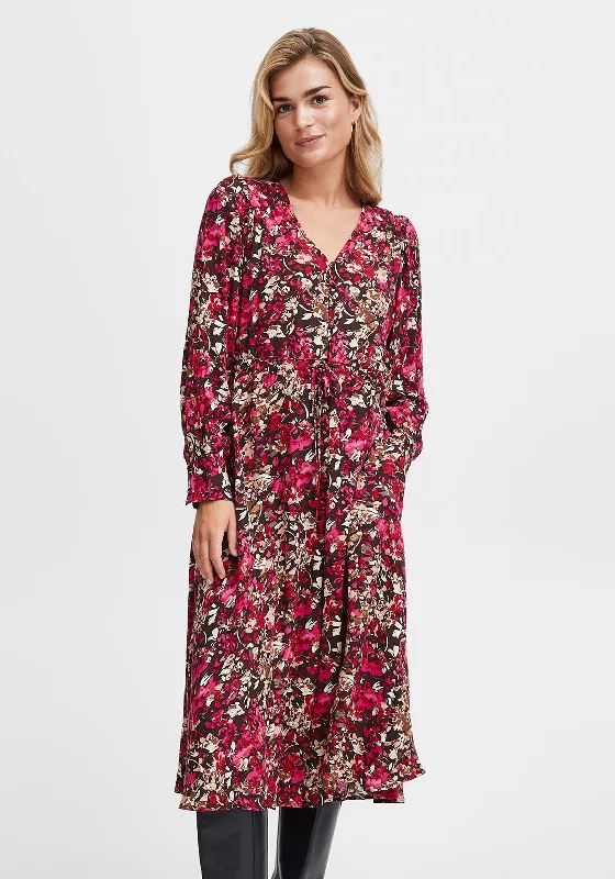 Fransa Floral Print A-Line Midi Dress, Very Berry