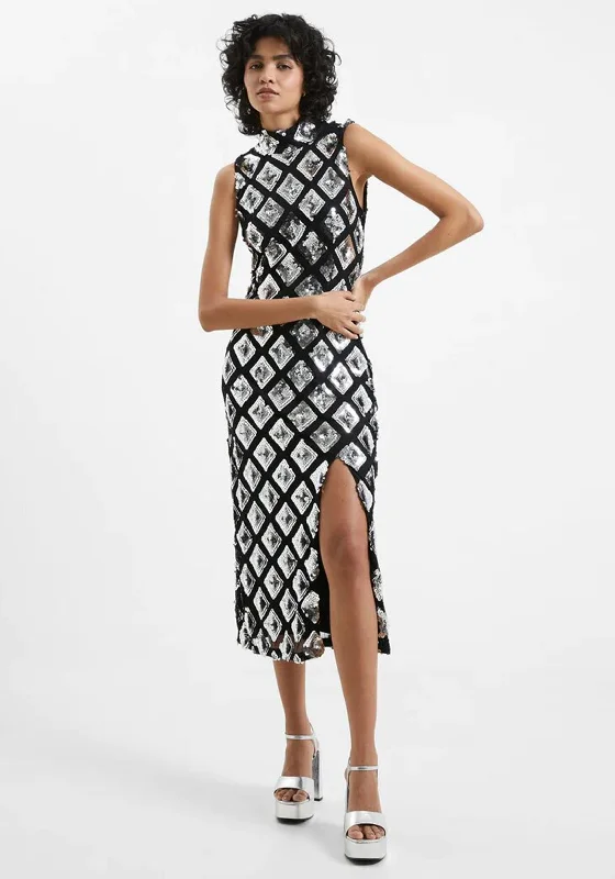 French Connection Axel Embellished Midi Dress, Black & Silver