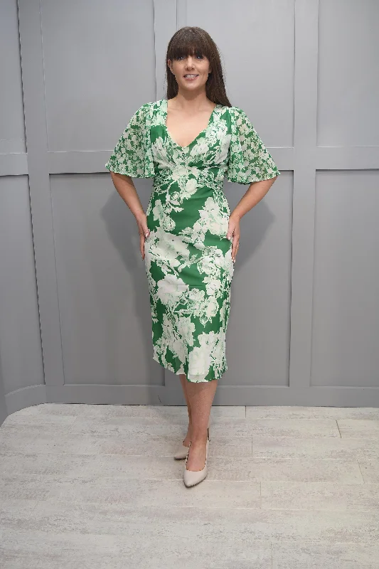 Hope & Ivy Green Contrast Print Flutter Sleeve V-Neck Tie Back Midi Dress - 7700 Nellie