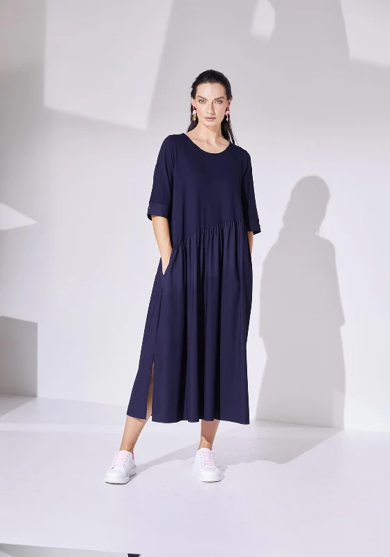 Naya Gathered Contrast Skirt Jersey Midi Dress, Navy