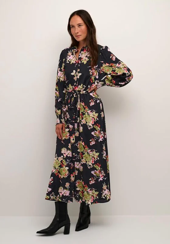 KAFFE Pollie Floral Midi Shirt Dress, Black