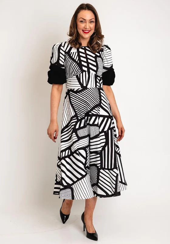 Kate Cooper Cutout Geo Print A-Line Midi Dress, Black & White