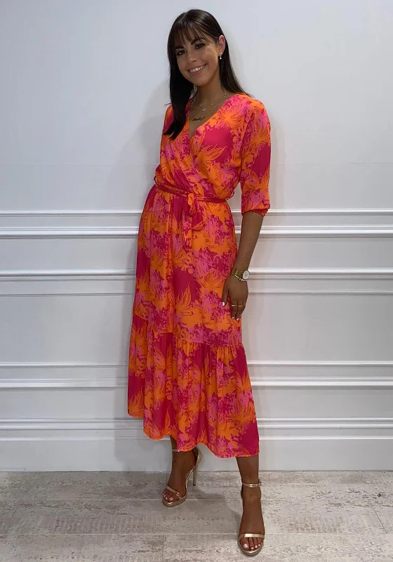 Kate & Pippa Boho Printed Midi Wrap Dress, Pink & Orange