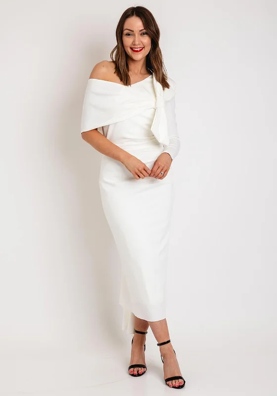 Kevan Jon Carolyn One Shoulder Bow Detail Midi Dress, Ivory