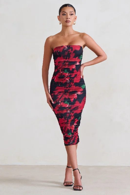 My Girl | Black & Red Floral Print Bandeau Bodycon Ruched Mesh Midi Dress