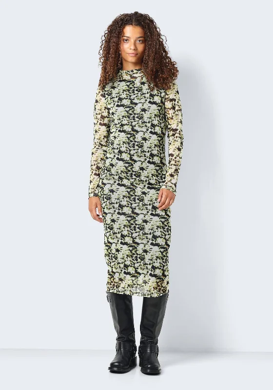 Noisy May Bea High Neck Print Mesh Midi Dress, Blanc De Blanc