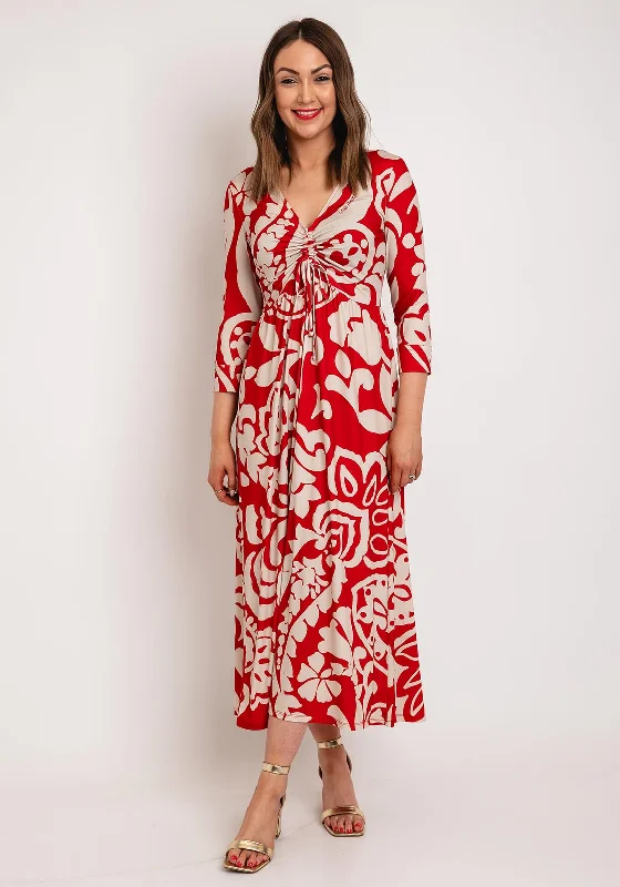 Oui Drawcord Detail Paisley Midi Dress, Red & White