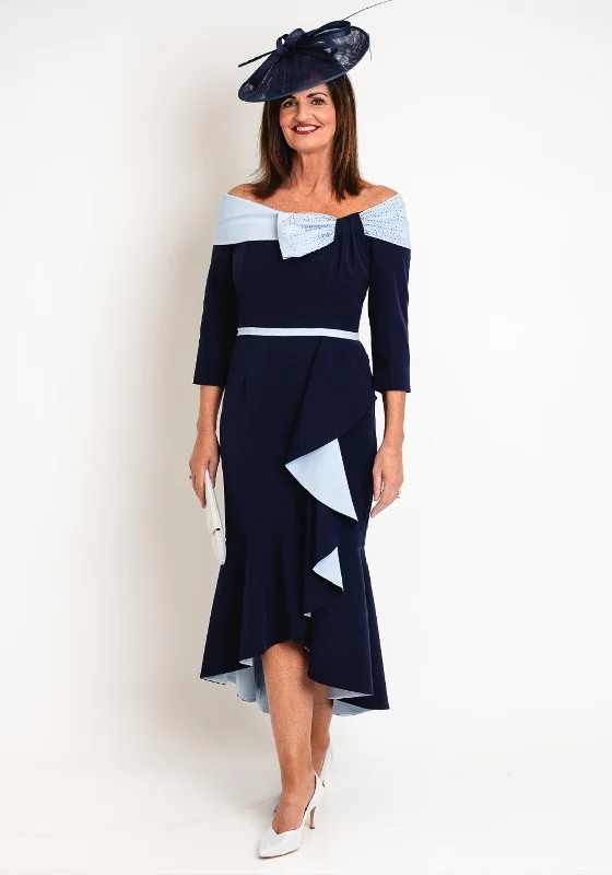 Veni Infantino Off Shoulder Bow Detail, Ruffled Midi Dress, Navy