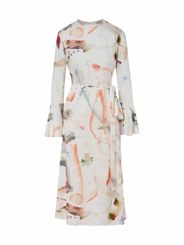 Water Colour Print Flared Sleeve Midi Dress